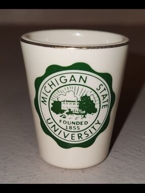 Vintage Michigan State University Shot Glass Ceramic MSU White Green Seal  USA